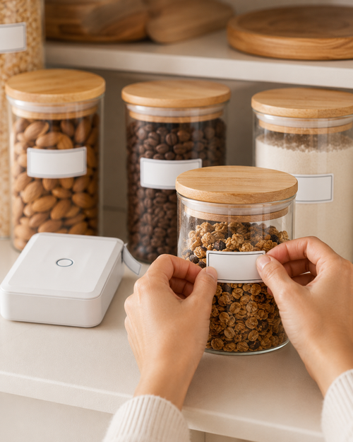 Labeling pantry jars with the mini printer